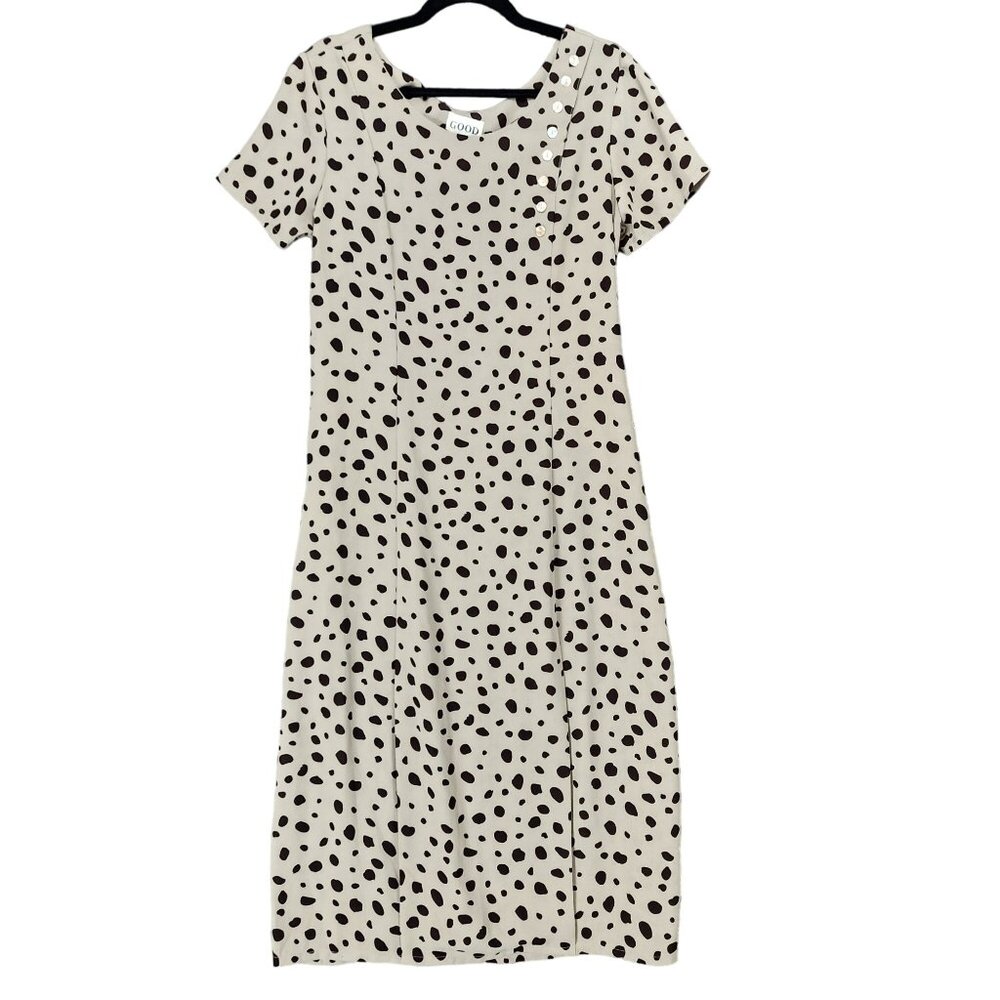 Good Dress Womens Large Tan Polka Dot 100% Slik Short Sleeve Midi